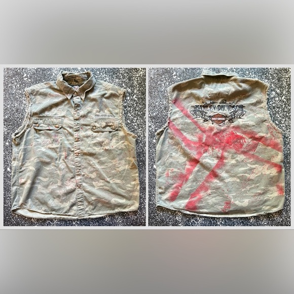 Harley-Davidson Camo Paint Splatter Sleeveless Button Down Shirt Size XL - Picture 1 of 4